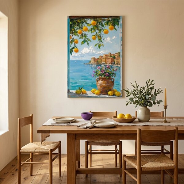Tablou cu vedere la coasta mediteraneană cu lămâi pe pânză – cu detalii pictate manual - 40x60 cm