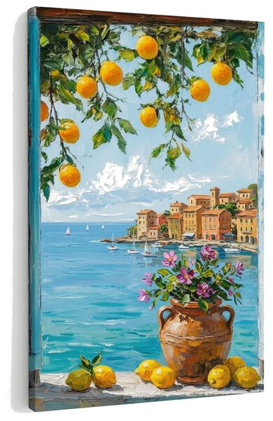 Tablou cu vedere la coasta mediteraneană cu lămâi pe pânză – cu detalii pictate manual - 40x60 cm