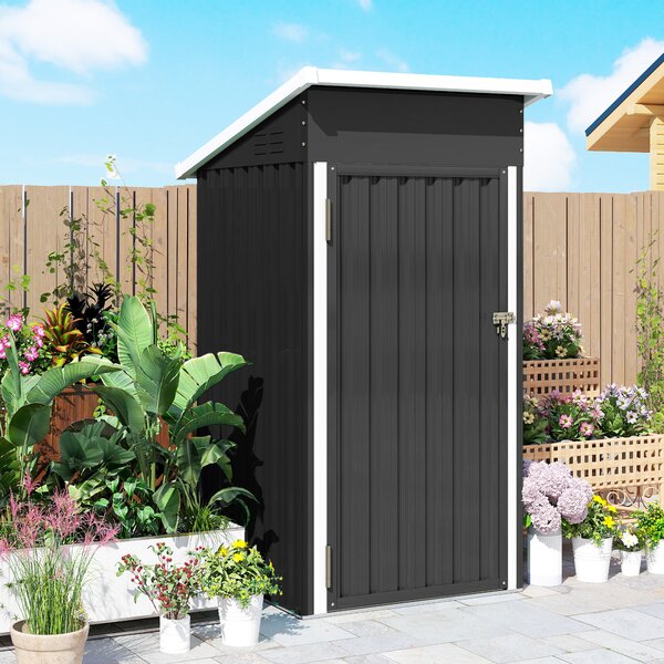 Outsunny Magazie de Grădină 0,74m² din Oțel Galvanizat cu Guri de Aerisire, Magazie cu Ușă Blocabilă, Acoperiș Înclinat, Mănuși, Depozitare Unelte, 107,5x91x185 cm, Gri Închis | Aosom Romania