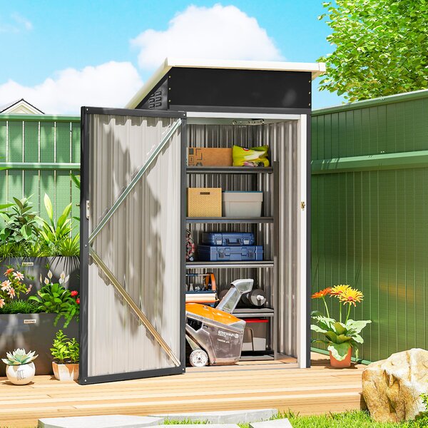 Outsunny Magazie de Grădină 0,74m² din Oțel Galvanizat cu Guri de Aerisire, Magazie cu Ușă Blocabilă, Acoperiș Înclinat, Mănuși, Depozitare Unelte, 107,5x91x185 cm, Gri Închis | Aosom Romania