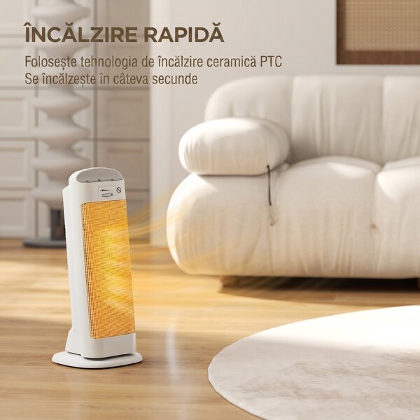 HOMCOM Sobă Electrică Ceramică 2000W, 4 Moduri și Încălzire Reglabilă, Oscilație 55°, Alb | Aosom Romania