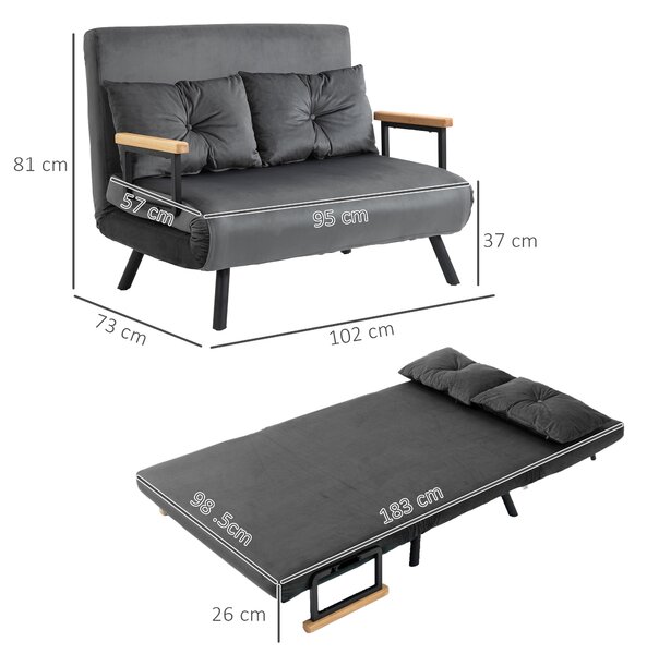 HOMCOM Canapea Pat de 2 Locuri cu Spătar Reglabil pe 5 Nivele și 2 Perne din Material Capitonat, 102x73x81 cm, Gri Închis | Aosom Romania