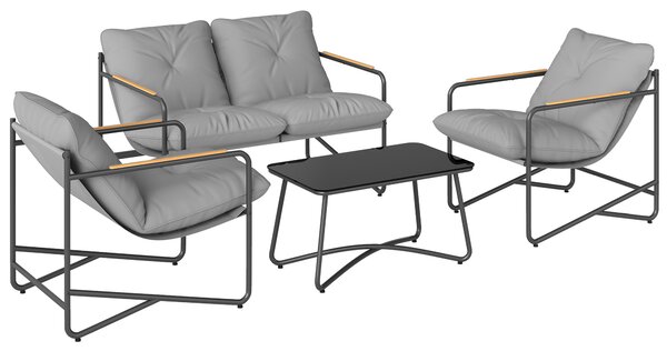 Set de Grădină Outsunny cu Canapea, 2 Fotolii și Măsuță cu Blat din Sticlă, Mobilier de Exterior cu Perne Groase, Gri Deschis | Aosom Romania