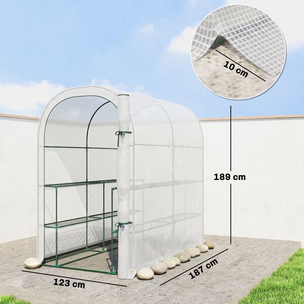 Outsunny Seră de Grădină cu Rafturi și Ușă Rulabilă, Seră pentru Grădină cu Cadru din Oțel, Acoperiș din PE Anti-UV, pentru Legume, Flori și Plante, 123x187x189 cm, Alb | Aosom Romania