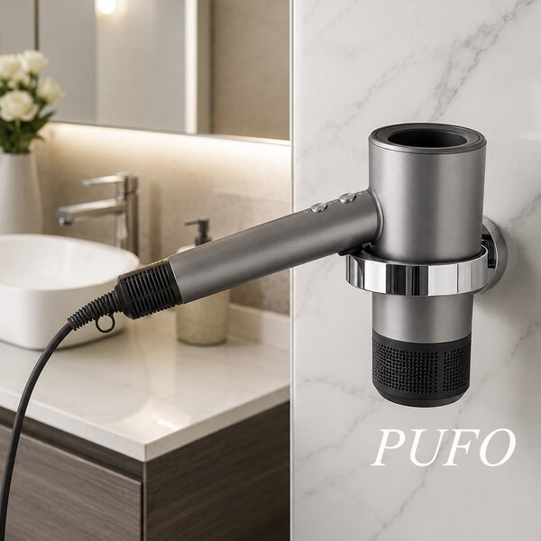 Suport pentru uscator de par din otel inoxidabil, organizator de baie rezistent si practic, 14.5 cm, argintiu
