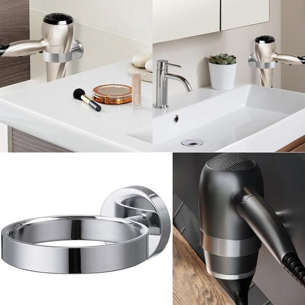 Suport pentru uscator de par din otel inoxidabil, organizator de baie rezistent si practic, 14.5 cm, argintiu