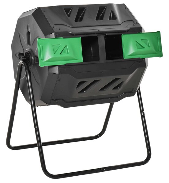 Outsunny Compostor Rotativ cu 2 Secțiuni și 8 Prize de Aerisire din Oțel și PP, 160L, 71x65x96 cm, Gri | Aosom Romania