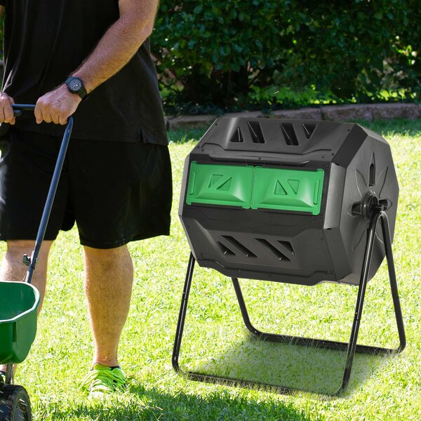 Outsunny Compostor Rotativ cu 2 Secțiuni și 8 Prize de Aerisire din Oțel și PP, 160L, 71x65x96 cm, Gri | Aosom Romania