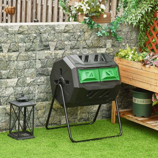Outsunny Compostor Rotativ cu 2 Secțiuni și 8 Prize de Aerisire din Oțel și PP, 160L, 71x65x96 cm, Gri | Aosom Romania