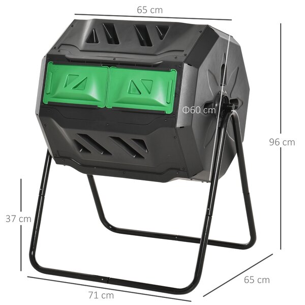Outsunny Compostor Rotativ cu 2 Secțiuni și 8 Prize de Aerisire din Oțel și PP, 160L, 71x65x96 cm, Gri | Aosom Romania
