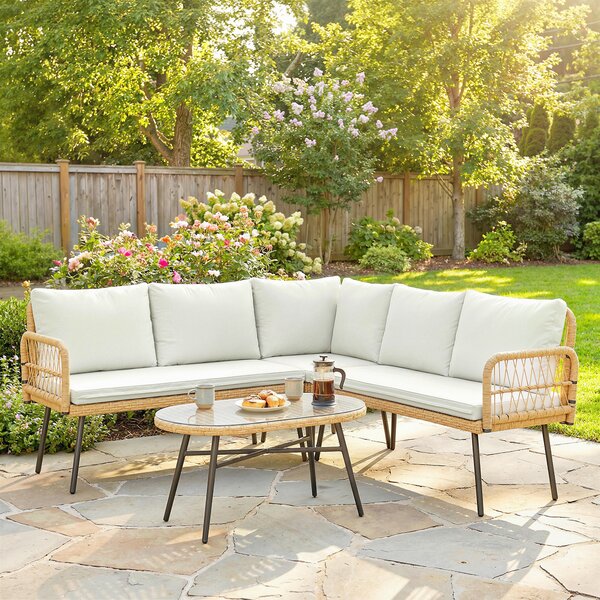 Outsunny Set Mobilier Grădină din Ratan, 4 Piese în Formă de L, cu 2 Canapele, Colțar, Măsuță de Cafea și Perne, Cadru din Oțel, pentru Balcon sau Terasă, Natural/Crem | Aosom Romania