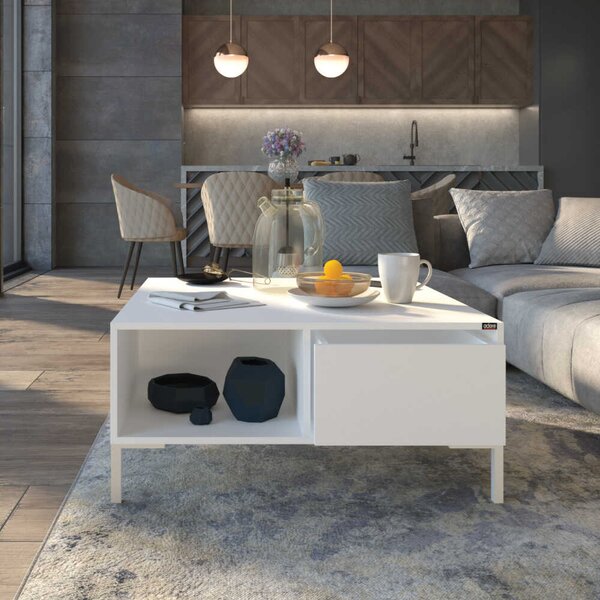 Masuta Cafea Adore cu sertar si picioare metalice, Alb - Maro - Natur, 90x42x90 cm