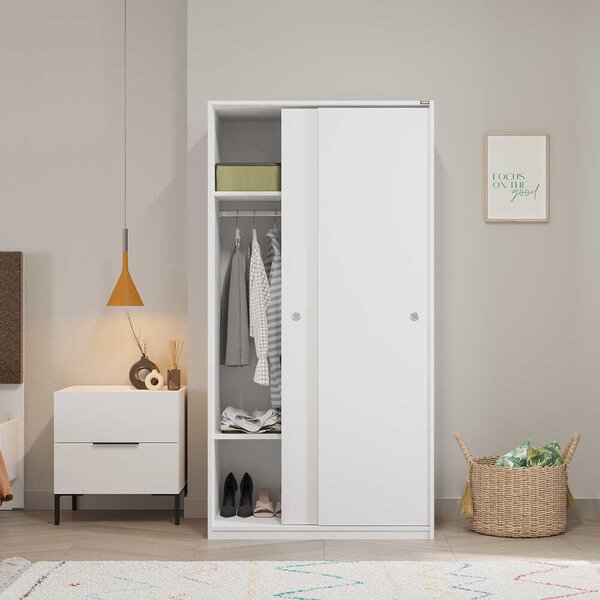 Dulap Haine Adore cu 2 usi glisante si 6 compartimente, Alb, 94x182x52 cm