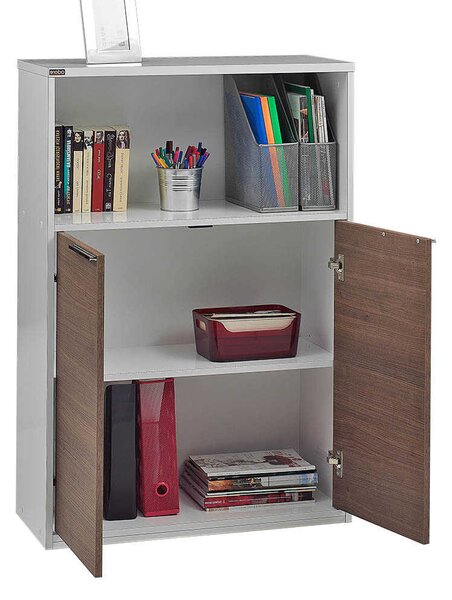 Biblioteca Adore New York cu 2 usi si incuietoare, Alb - Nuc, 76x111x34 cm