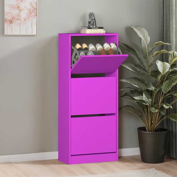 Pantofar Adore Compact Plus, 12 Perechi, 3 Compartimente, Alb - Stejar - Mov, 51x119x26 cm