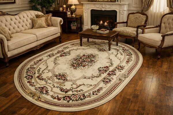 Covor Clasic Sufragerie, Model Lotos 574 100, Oval, Crem Oval, 60x110