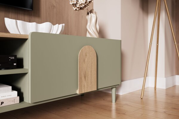 Comodă TV Amilio 170 cm cu sertar - eucalipt / stejar baltic dune / mânere stejar natural