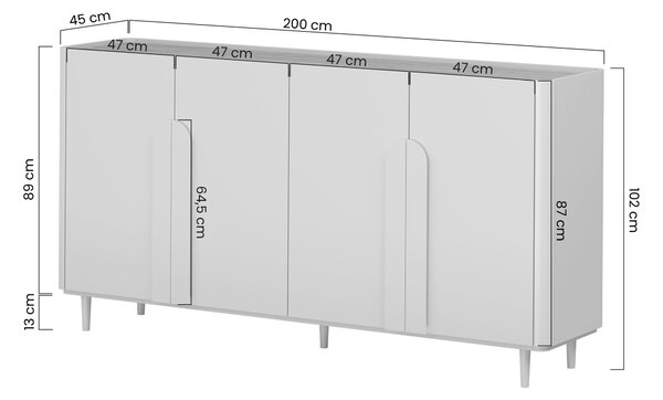 Comodă pe picioare Amilio 200 cm cu patru uși - eucalipt / stejar baltic dune / mânere stejar natural