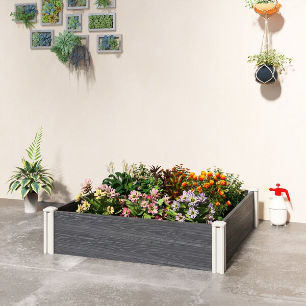Outsunny Pat Înălțat de Grădină din Vinil, 102x102x33 cm, Kit Modular cu Picioare Interconectabile și Fund Deschis, Jardinieră pentru Flori, Ierburi și Legume, Gri Închis | Aosom Romania