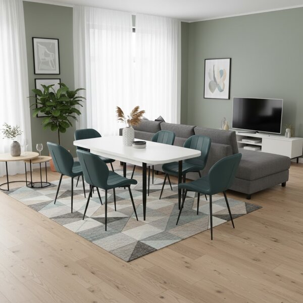 Set masă extensibilă Viena Albă cu 6 Scaune Piele Topaz Turcoaz