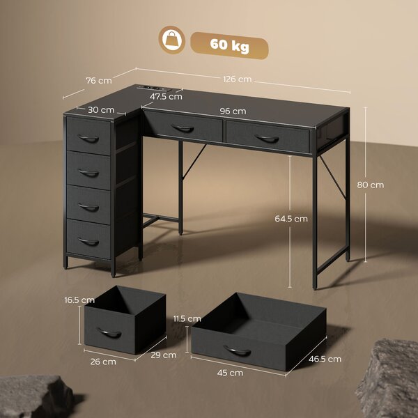 HOMCOM Birou de Colț Reversibil cu Prize și Porturi USB, 126x48 cm Birou în Formă de L cu 6 Sertare din Material Textil, Cârlig Lateral, pentru Computer, Birou, Cameră, Negru | Aosom Romania