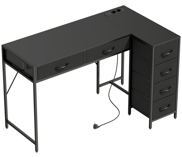 HOMCOM Birou de Colț Reversibil cu Prize și Porturi USB, 126x48 cm Birou în Formă de L cu 6 Sertare din Material Textil, Cârlig Lateral, pentru Computer, Birou, Cameră, Negru | Aosom Romania