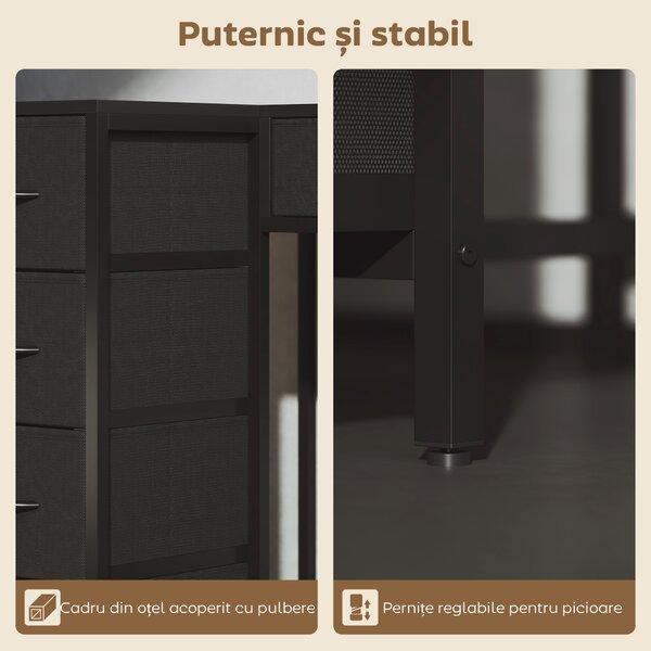 HOMCOM Birou de Colț Reversibil cu Prize și Porturi USB, 126x48 cm Birou în Formă de L cu 6 Sertare din Material Textil, Cârlig Lateral, pentru Computer, Birou, Cameră, Negru | Aosom Romania
