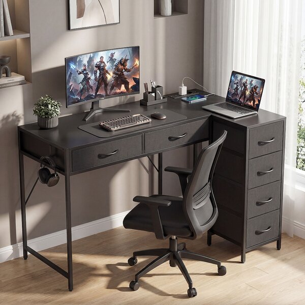 HOMCOM Birou de Colț Reversibil cu Prize și Porturi USB, 126x48 cm Birou în Formă de L cu 6 Sertare din Material Textil, Cârlig Lateral, pentru Computer, Birou, Cameră, Negru | Aosom Romania