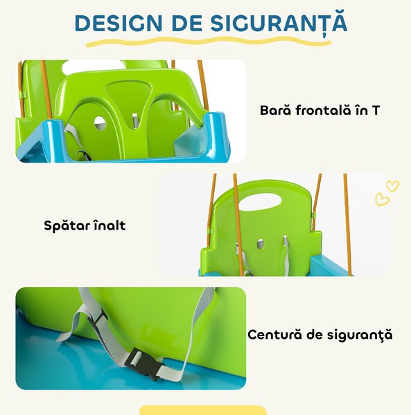 Outsunny Leagăn pentru Copii 3 în 1 pentru Interior și Exterior, Leagăn de Grădină pentru Bebeluși și Copii 9-36 Luni, Frânghie Reglabilă 120-180 cm și Centură de Siguranță, 42x33x120-180 cm, Verde | Aosom Romania
