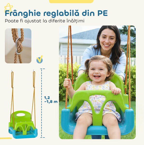 Outsunny Leagăn pentru Copii 3 în 1 pentru Interior și Exterior, Leagăn de Grădină pentru Bebeluși și Copii 9-36 Luni, Frânghie Reglabilă 120-180 cm și Centură de Siguranță, 42x33x120-180 cm, Verde | Aosom Romania