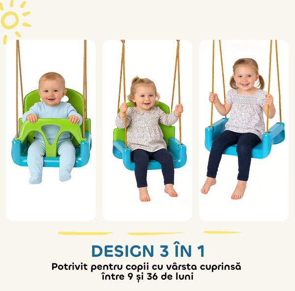 Outsunny Leagăn pentru Copii 3 în 1 pentru Interior și Exterior, Leagăn de Grădină pentru Bebeluși și Copii 9-36 Luni, Frânghie Reglabilă 120-180 cm și Centură de Siguranță, 42x33x120-180 cm, Verde | Aosom Romania