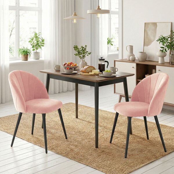 HOMCOM Set de 2 Scaune de Sufragerie din Catifea, Scaune Bucătărie cu Spătar Curbat în Formă de Scoică, Picioare din Oțel, Stil Nordic, Scaun Tapițat pentru Bucătărie, Dormitor, Cameră de Zi, Roz | Aosom Romania
