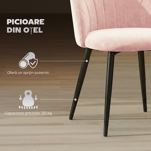 HOMCOM Set de 2 Scaune de Sufragerie din Catifea, Scaune Bucătărie cu Spătar Curbat în Formă de Scoică, Picioare din Oțel, Stil Nordic, Scaun Tapițat pentru Bucătărie, Dormitor, Cameră de Zi, Roz | Aosom Romania