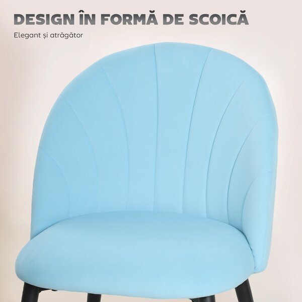 HOMCOM Set de 2 Scaune de Sufragerie din Catifea, Scaune Bucătărie cu Spătar Curbat în Formă de Scoică, Picioare din Oțel, Stil Nordic, Scaun Tapițat pentru Bucătărie, Dormitor, Living, Albastru Deschis | Aosom Romania