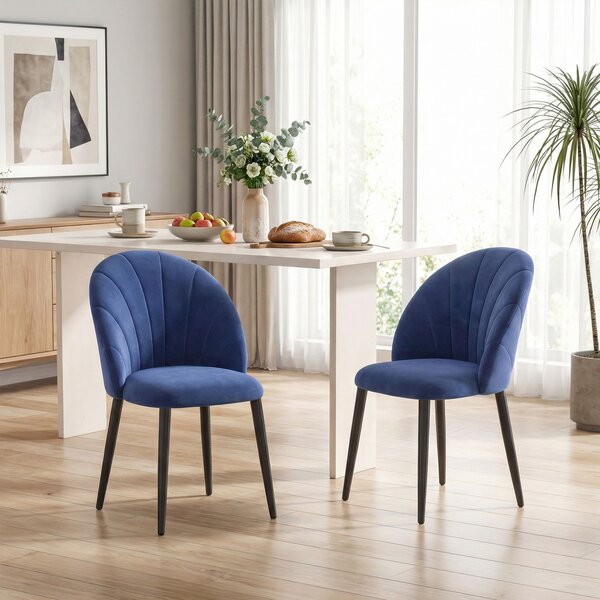 HOMCOM Set de 2 Scaune de Sufragerie din Catifea, Scaune de Bucătărie cu Spătar Curbat în Formă de Scoică, Picioare din Oțel, Stil Nordic, Scaune Capitonate pentru Bucătărie, Dormitor, Cameră de Zi, Albastru | Aosom Romania