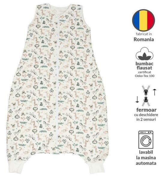 Sac de dormit cu picioare din bumbac flausat 5-7 ani Kidizi Safari, 1 tog