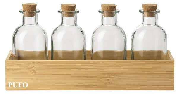 Set 4 Sticle Pufo cu Dop de Pluta si Suport din Bambus – Pentru Ulei, Otet, Dressinguri, Sosuri, Condimente – 4 x 250 ml