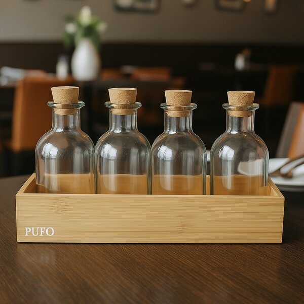 Set 4 Sticle Pufo cu Dop de Pluta si Suport din Bambus – Pentru Ulei, Otet, Dressinguri, Sosuri, Condimente – 4 x 250 ml