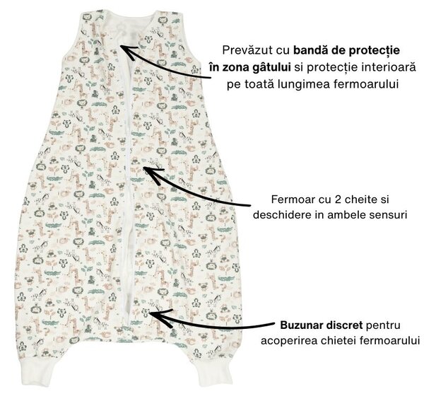 Sac de dormit cu picioare din bumbac flausat 5-7 ani Kidizi Safari, 1 tog
