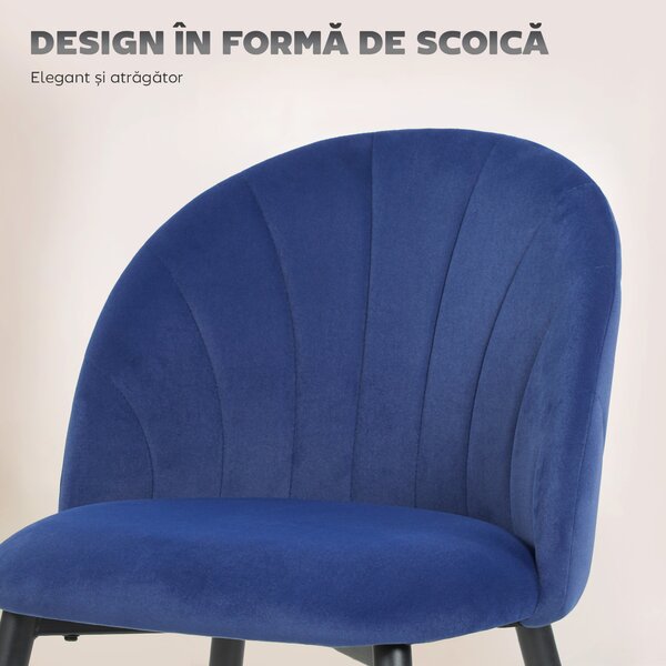HOMCOM Set de 2 Scaune de Sufragerie din Catifea, Scaune de Bucătărie cu Spătar Curbat în Formă de Scoică, Picioare din Oțel, Stil Nordic, Scaune Capitonate pentru Bucătărie, Dormitor, Cameră de Zi, Albastru | Aosom Romania