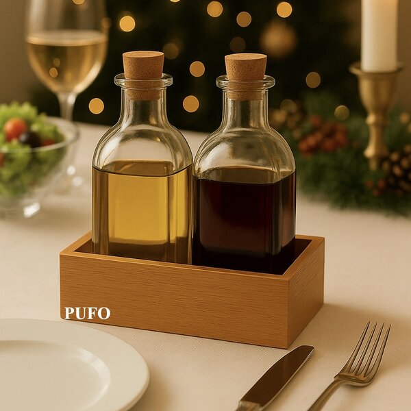 Set 2 Sticle Pufo cu Dop de Pluta si Suport din Bambus – Pentru Ulei, Otet, Dressinguri, Sosuri, Condimente – 4 x 250 ml