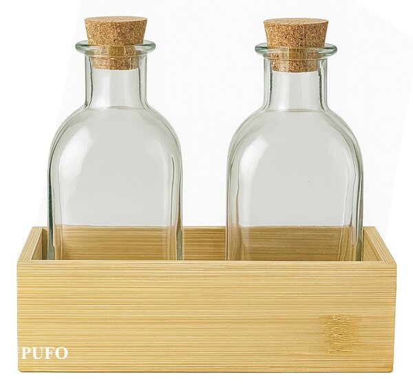 Set 2 Sticle Pufo cu Dop de Pluta si Suport din Bambus – Pentru Ulei, Otet, Dressinguri, Sosuri, Condimente – 4 x 250 ml