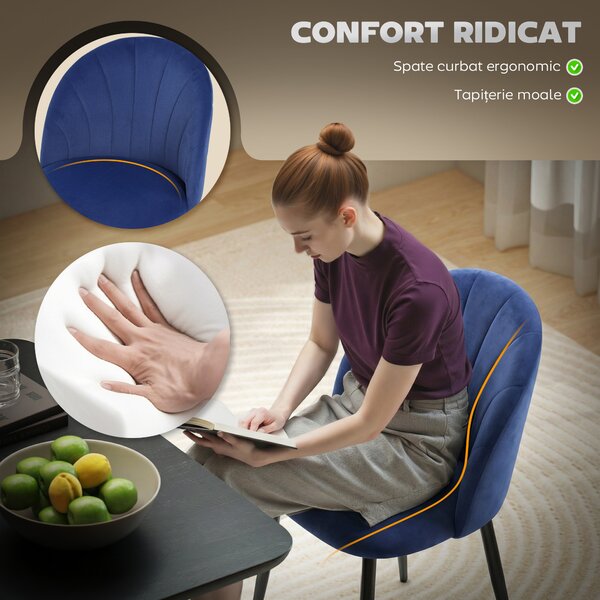 HOMCOM Set de 2 Scaune de Sufragerie din Catifea, Scaune de Bucătărie cu Spătar Curbat în Formă de Scoică, Picioare din Oțel, Stil Nordic, Scaune Capitonate pentru Bucătărie, Dormitor, Cameră de Zi, Albastru | Aosom Romania