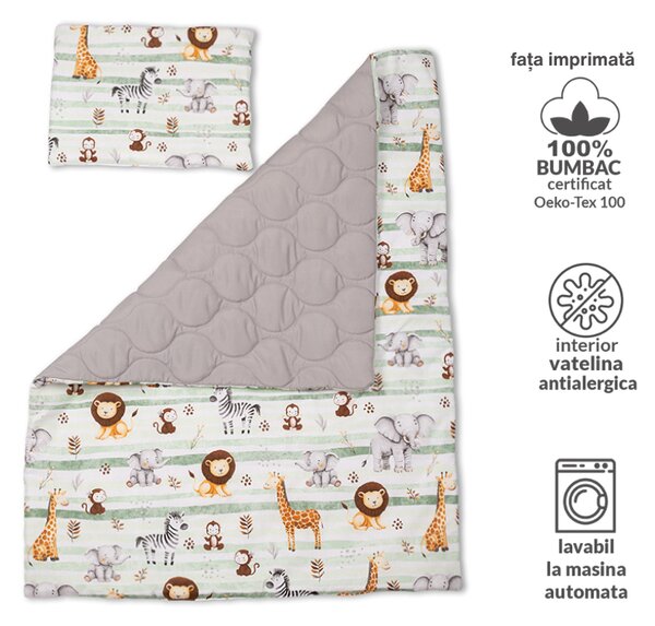 Lenjerie matlasata 5 piese patut bebe 120x60 cm Kidizi Safari cu doua fete, aparatoare laterale integrale, umplutura antialergica