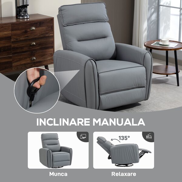 HOMCOM Fotoliu Reclinabil Manual cu Suport pentru Picioare din Material Textil Efect Piele și Bază Rotativă, Gri | Aosom Romania