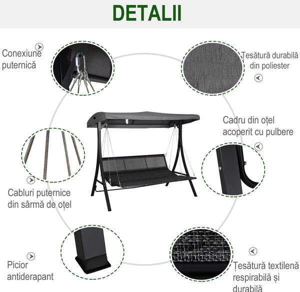 Outsunny Balansoar cu 3 scaune din material textil cu perne si acoperis reglabil gri 200 x 115 x 168 cm | Aosom Romania
