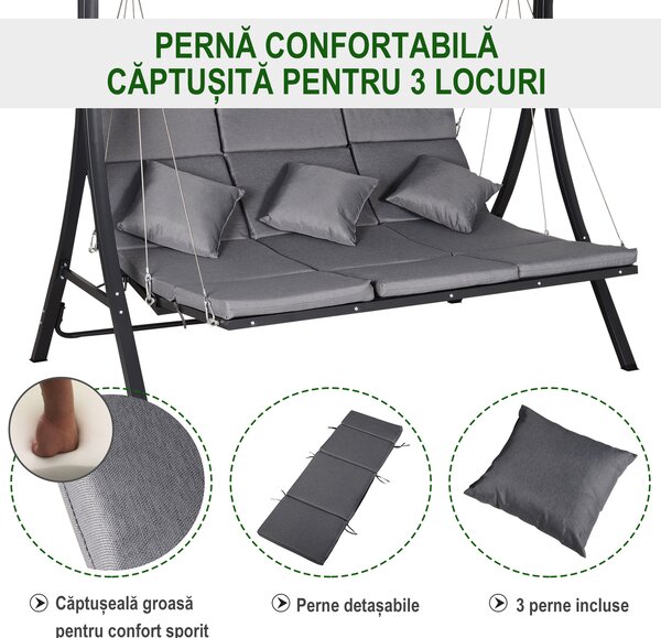 Outsunny Balansoar cu 3 scaune din material textil cu perne si acoperis reglabil gri 200 x 115 x 168 cm | Aosom Romania