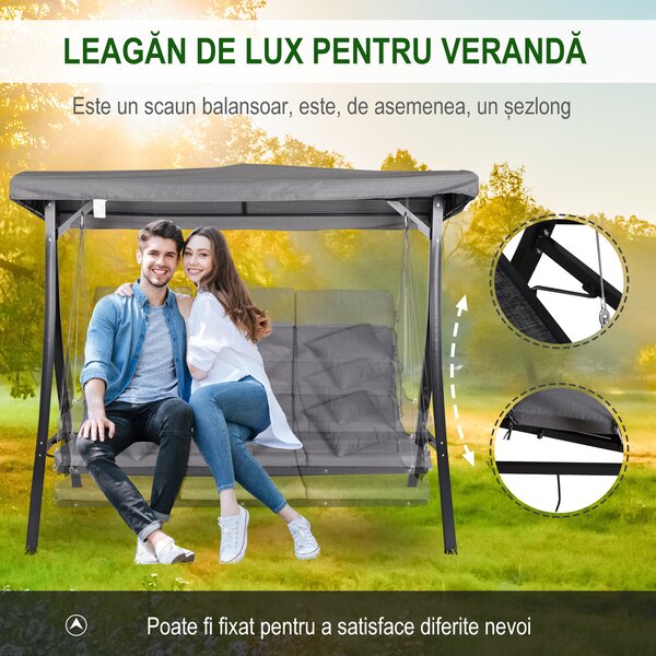 Outsunny Balansoar cu 3 scaune din material textil cu perne si acoperis reglabil gri 200 x 115 x 168 cm | Aosom Romania