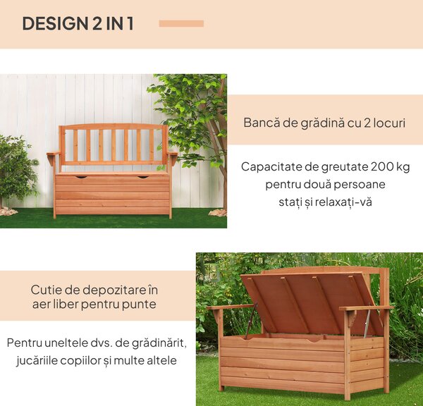 Outsunny Bancă de Grădină pentru 2 Persoane cu Spațiu de Depozitare, din Lemn, Rezistentă la Intemperii, 112x58x84 cm | Aosom Romania