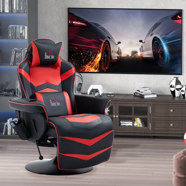 HOMCOM Scaun de Gaming cu Masaj, Suport pentru Picioare și Pernă, din Piele Sintetică, 79,5x82,5x111,5 cm, Negru și Roșu | Aosom Romania